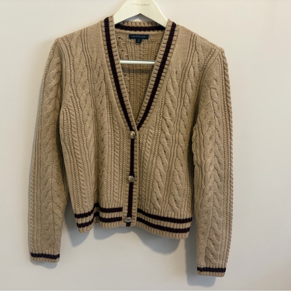 Tommy Hilfiger Beige Cable Knit V-Neck Cardigan with Dark Brown Trim